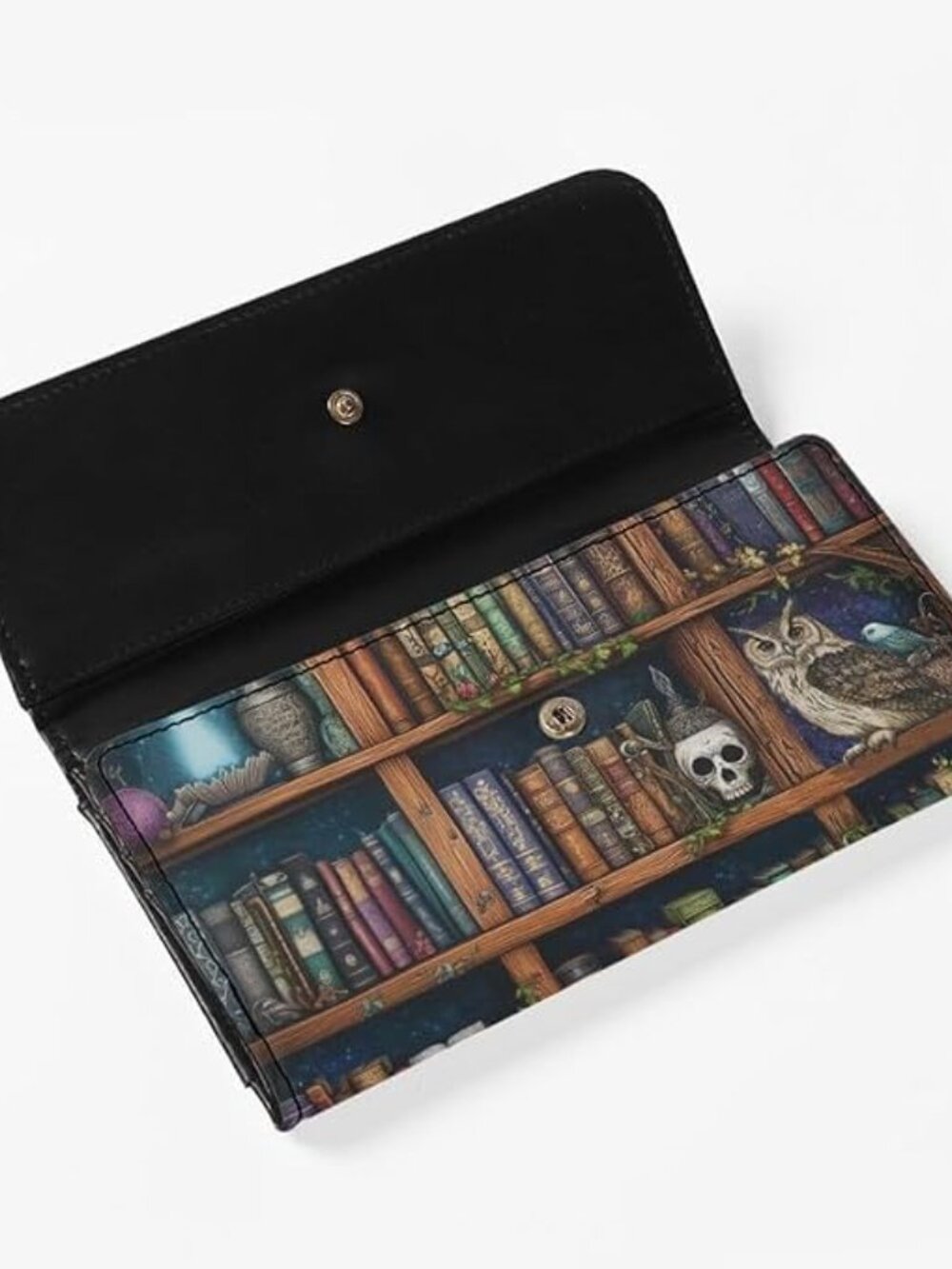 🎃Women's Witchy Bookshelf Purse Black PU Leather Slim Wallet Long Trifold Purse